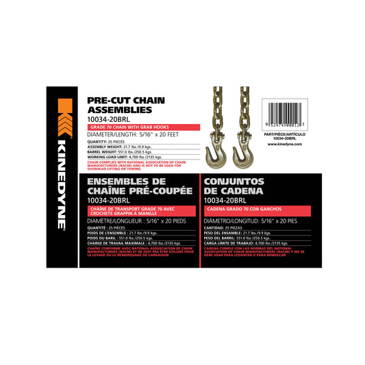 3/8" by 20' Grade 70 Grab Hook Chain Assembly - 25 Per BARREL 6,600 WLL Per unit