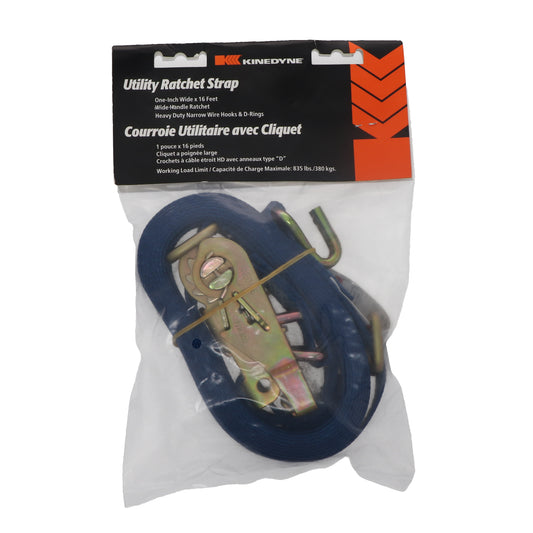1" by 16' Heavy-Duty Wire Hook & D-Ring Ratchet Utility Strap. 835 WLL